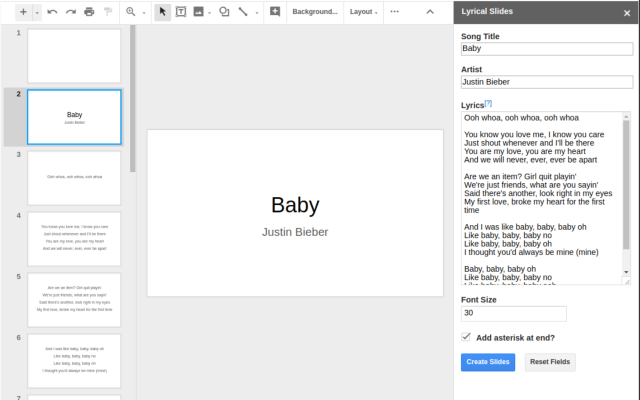 A screenshot of the Lyrical Slides interface in Google Slides